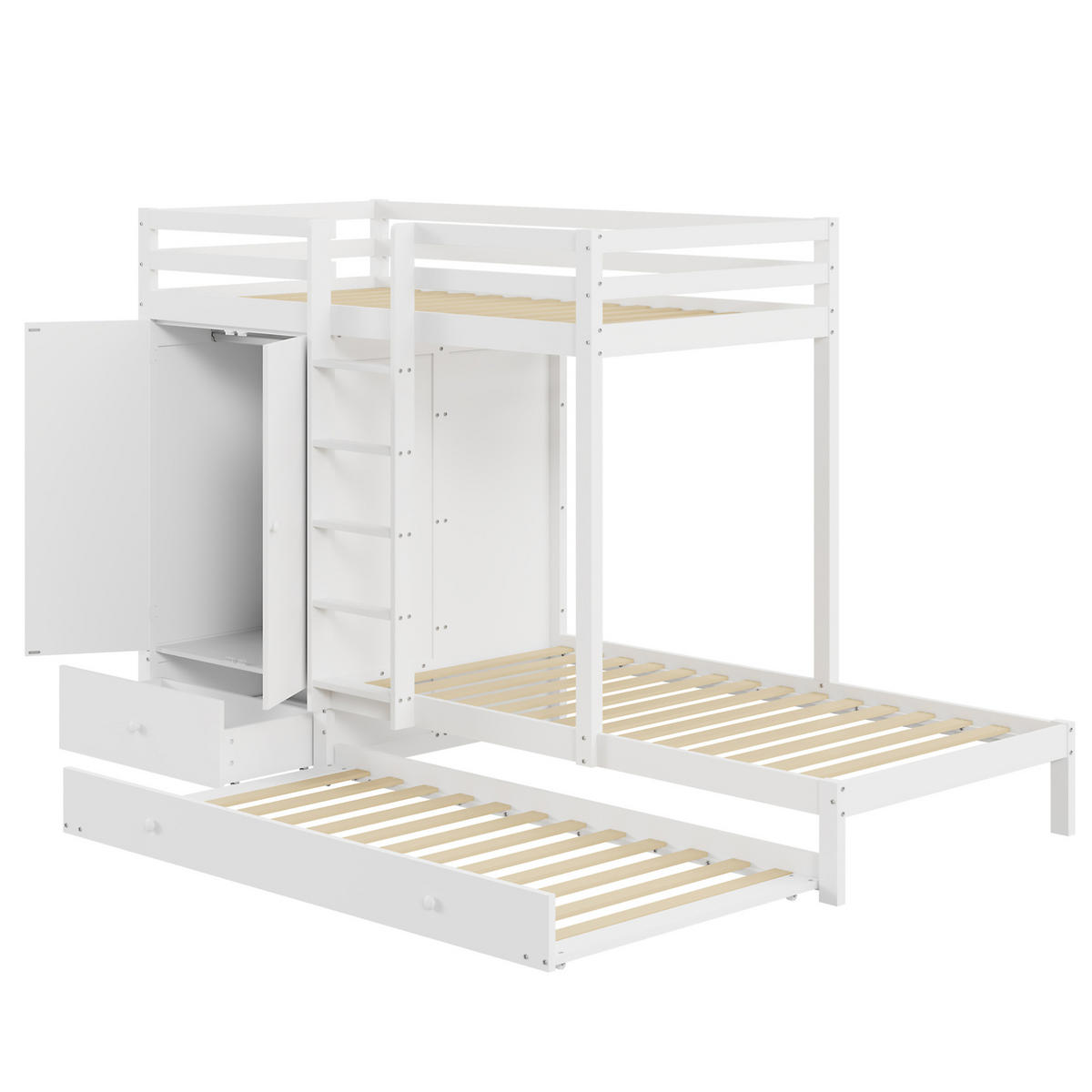 ETAGENBETT 90/200 cm aus Holz mit Ausziehbett und Kleiderschrank - Weiß, Holz (90/200cm) - BEAOK