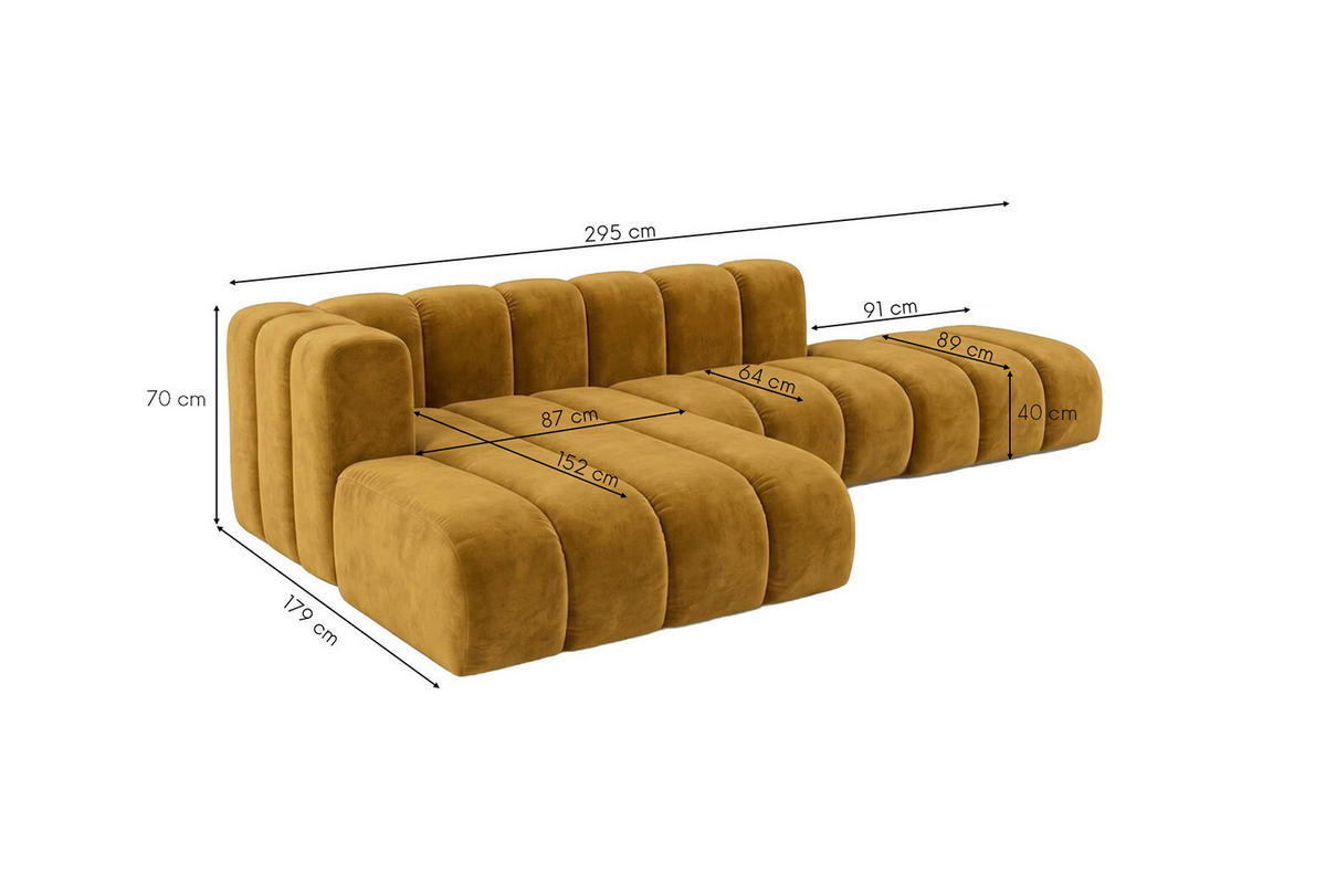 ECKSOFA Modulares In L-Form Mit Hocker, Velvet-Stoff Riviera, Senffarbe, Links, GRAND Mini - Gelb, Holz (295/179cm) - Kaiser Möbel