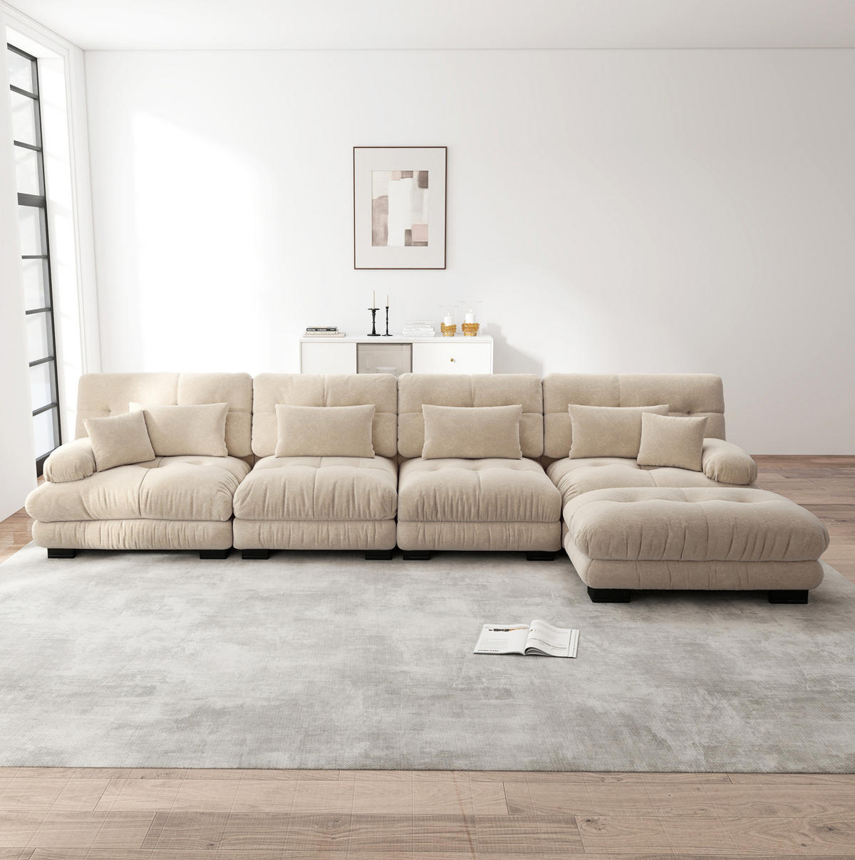 ECKSOFA in Hellbraun aus Chenille mit beweglichem Ottoman und Cloud-Komfort - Cappuccino, Textil (145/406cm) - Flora Grace