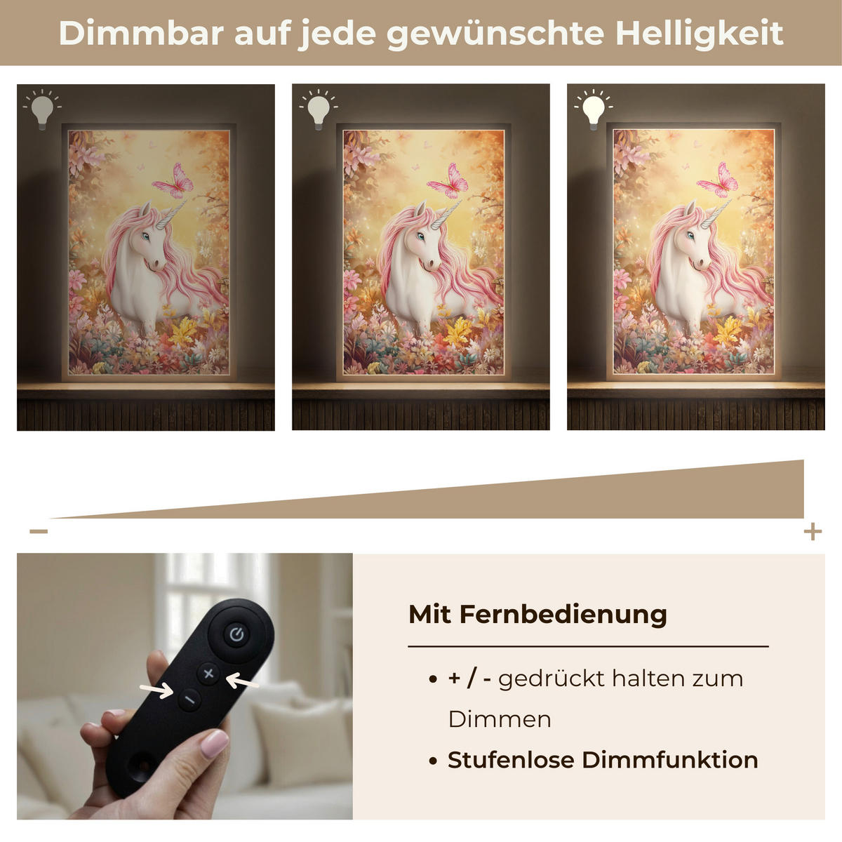 DOBÍJECÍ NOČNÍ LAMPIČKA Jednorožec - Květiny - Motýl - Růžová 40x60 cm - béžová, kompozitní dřevo (8/40/60cm) - OnlyWow