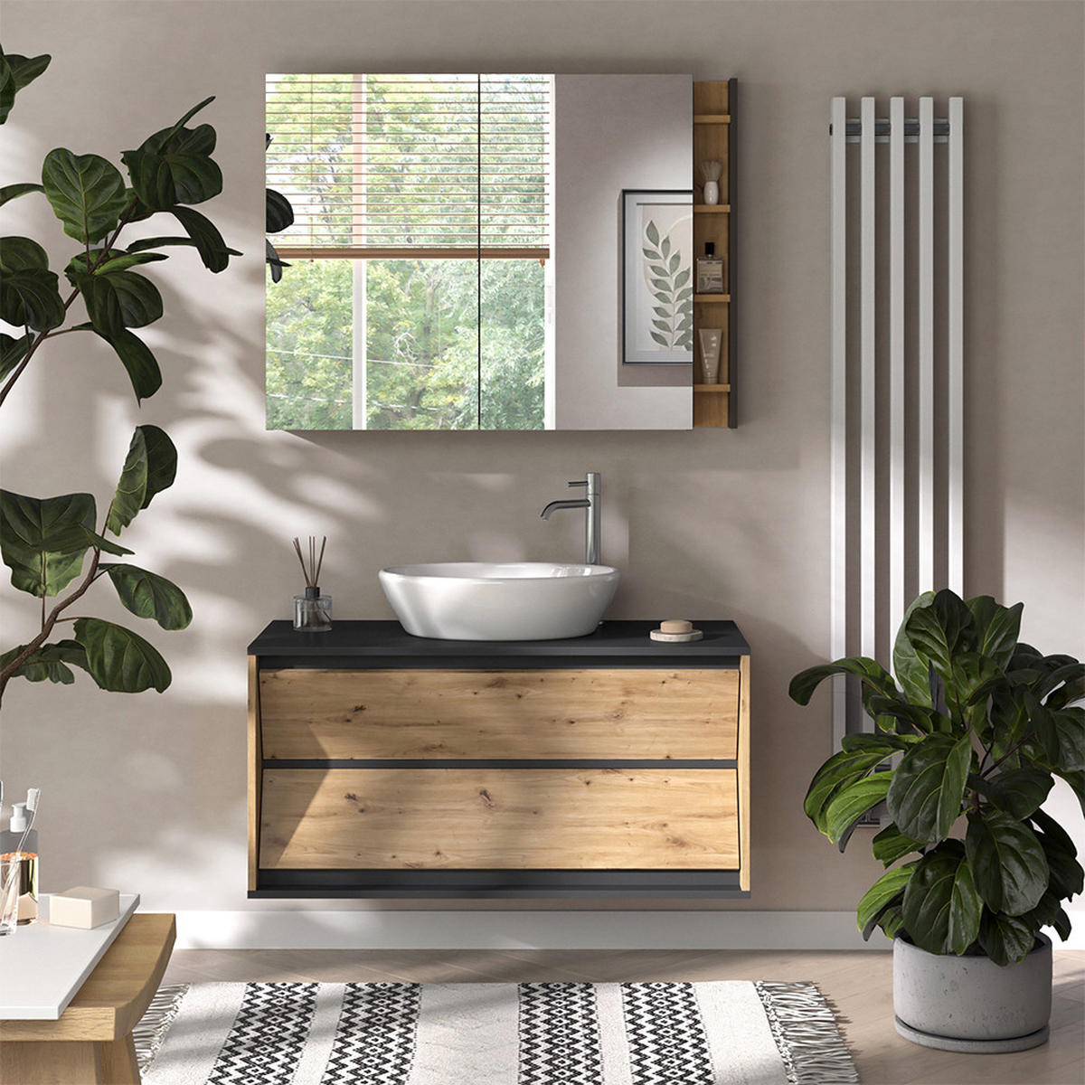 BADSPIEGELSCHRANK Edelin Anthrazit/Artisan 100 x 75 cm mit Regalen - Anthrazit/Eiche Artisan, Holzwerkstoff (100/75/18cm) - Vicco