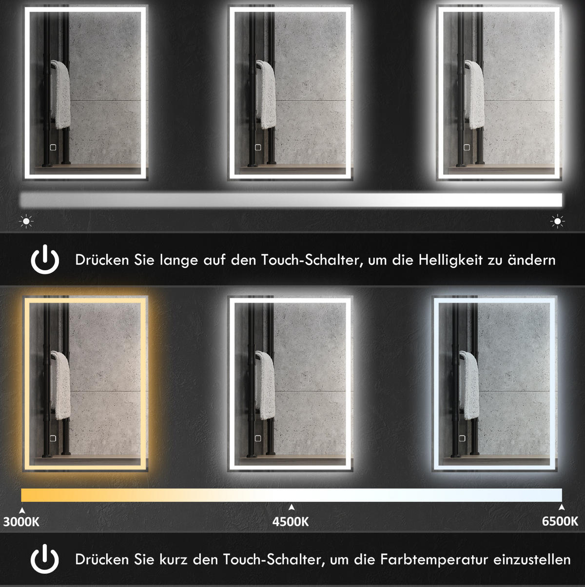 WANDSPIEGEL 50/4/70 cm silber aus Glas mit LED-Beleuchtung und Touch - Silberfarben, Glas (70/4/50cm) - OKWISH