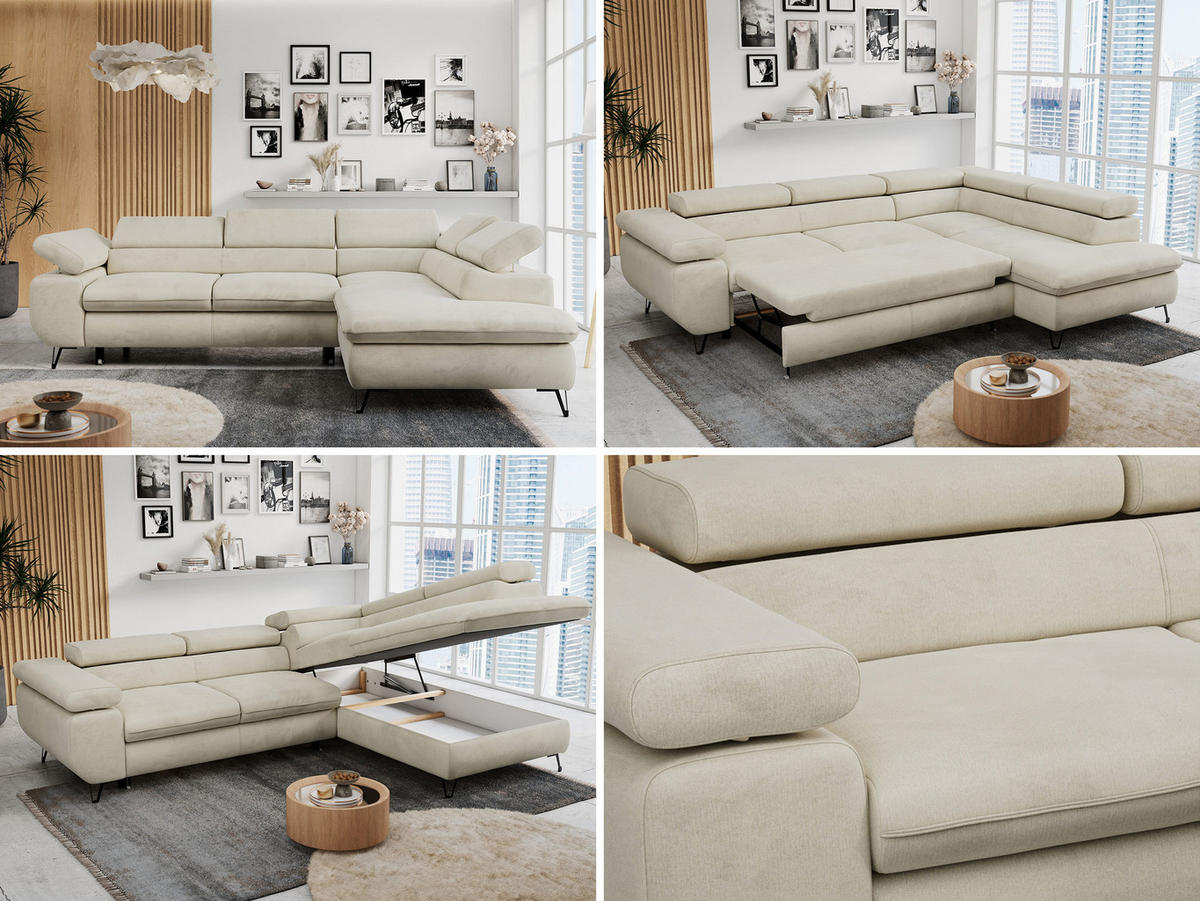 ECKSOFA PETER L Beige Velvet - Rechts Seite - Beige/Schwarz, Textil/Metall (273/208cm) - MKS