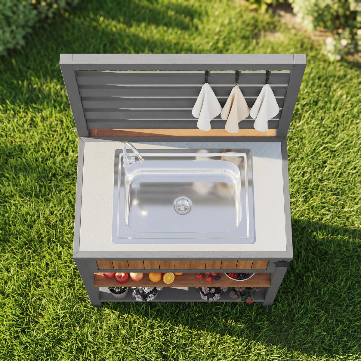 GARTENSCHRANK Outdoor Wasserhahn Flaschenöffner Arbeitsfläche - Naturfarben, Holz (51/141/80cm) - FLIEKS