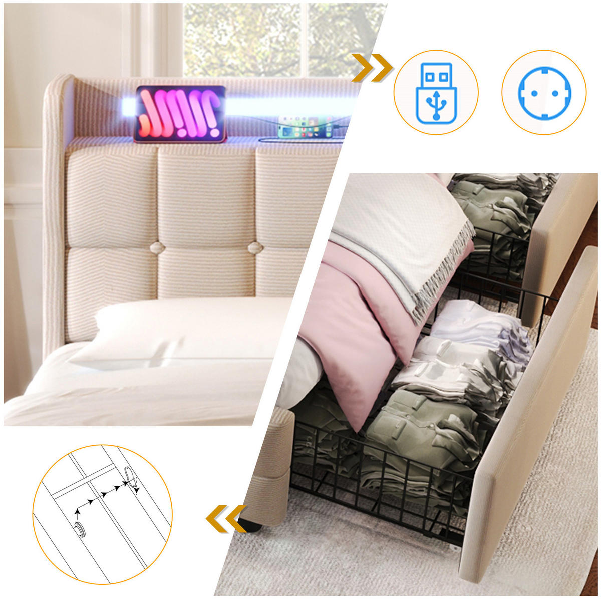 ČALOUNĚNÁ postel 180x200 cm béžová z dřeva s USB nabíjením, LED osvětlením a 4 zásuvkami - béžová, kompozitní dřevo (180/200cm) - OKWISH