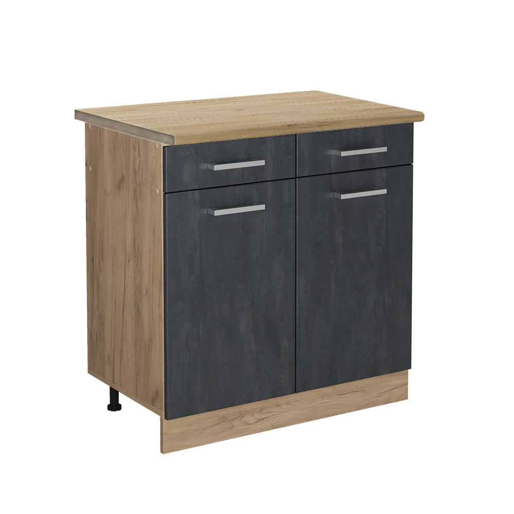 KÜCHENUNTERSCHRANK R-Line Schwarz Beton 80 cm AP Eiche - Honigeiche/Eiche Wotan, Holzwerkstoff (80/81.6/60cm) - Vicco
