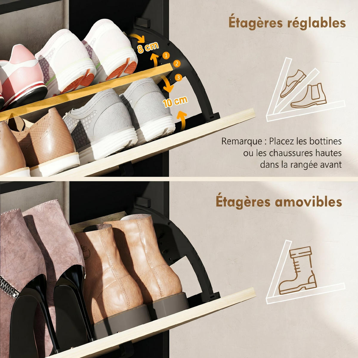 SCHUHSCHRANK Natur und Schwarz Holzwerkstoff klappbar mit Fächern 1 Stück - Naturfarben, Holzwerkstoff (83/90.5/24cm) - PANGIVO