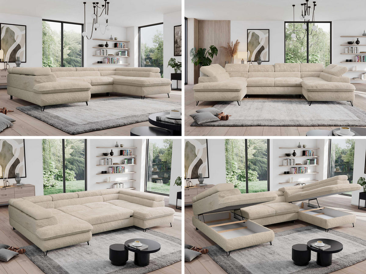 WOHNLANDSCHAFT PETER U Plüsch Ecru - Ecru/Schwarz, Textil/Metall (346/76/208cm) - MKS