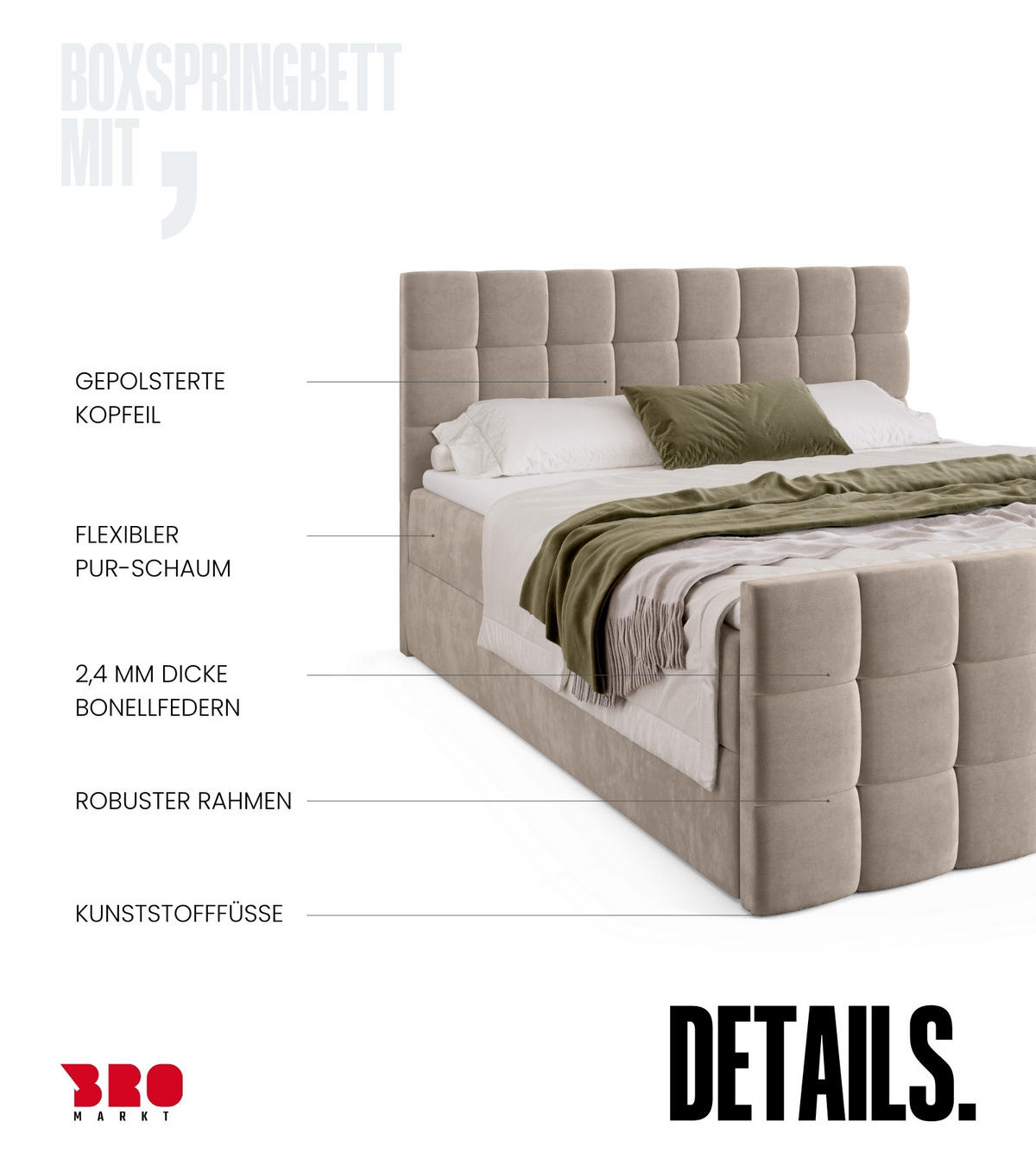 BOXBETT Dakota Duo mit Topper 140/200 Hellbeige - Creme, Holz/Textil (140/200cm) - Bromarkt