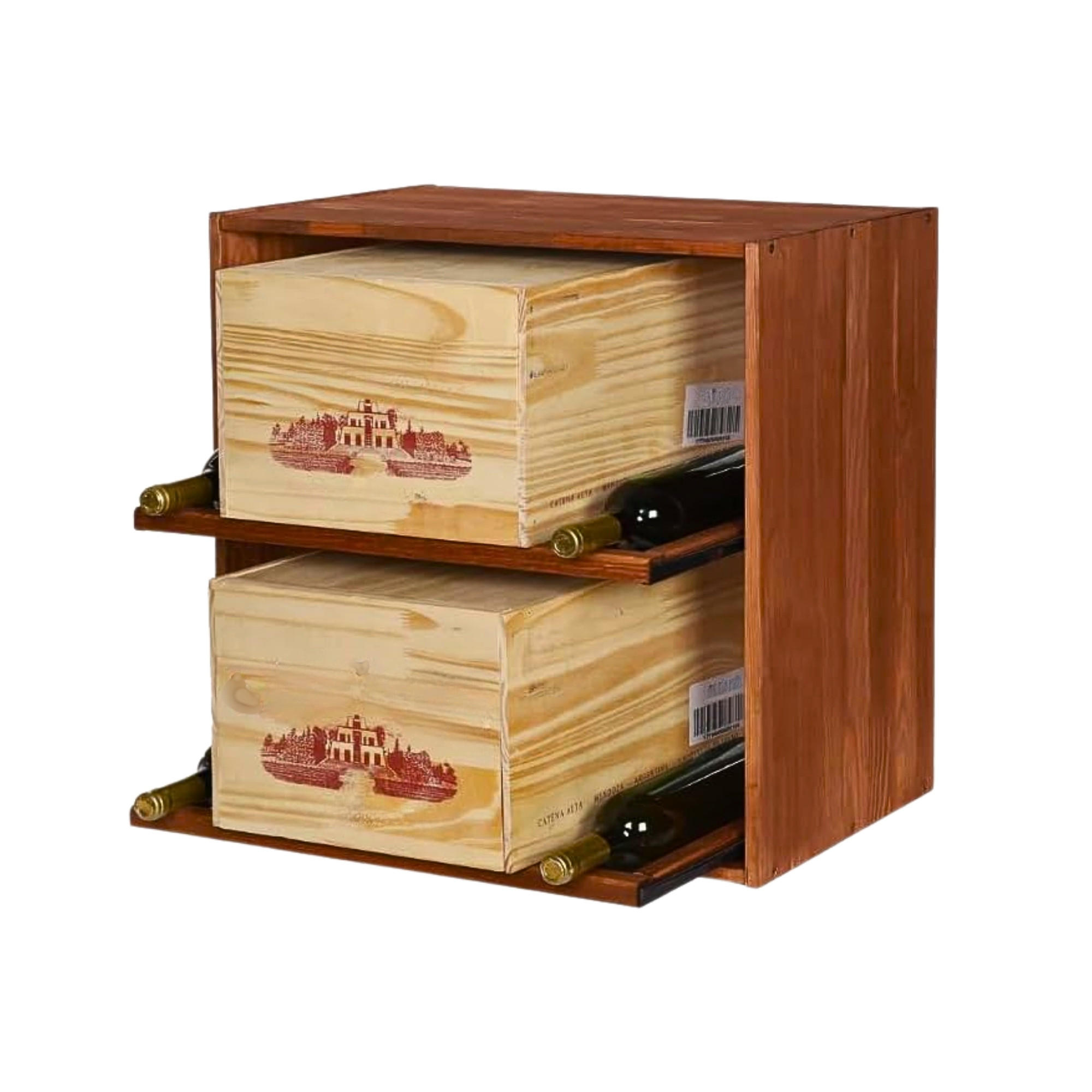 WEINREGAL Vincellar Mod 60x60x30 cm Modul Für 12 Flaschen Oder Weinkisten mit Ausziehbaren Ebenen Massives Kiefernholz Braun Geölt - Braun, Holz (60/60/30cm) - PROREGAL