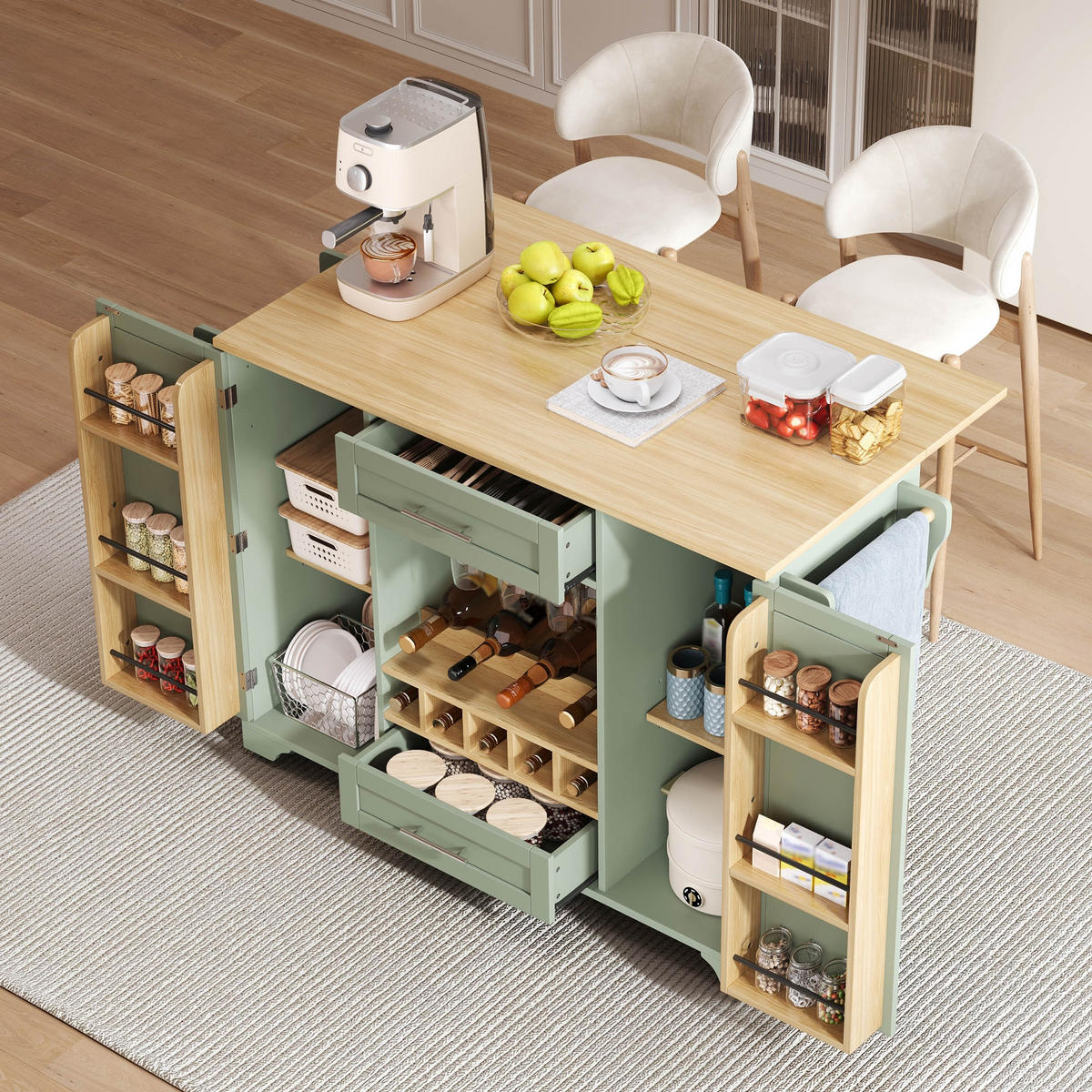 KÜCHENINSEL auf Rollen 138/45(70)/92 cm Antikgrün mit Klappplatte, Weinregal, Glashalter und Gewürzregal - Salbeigrün, Holz/Holzwerkstoff (70/92/138cm) - Oxeza