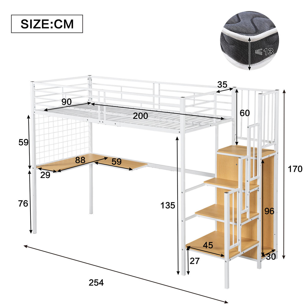 HOCHBETT 90/200 cm in Weiß/Natur – mit Schreibtisch, Kleiderschrank und Treppe - Weiß, Holzwerkstoff (90/200cm) - BEAOK