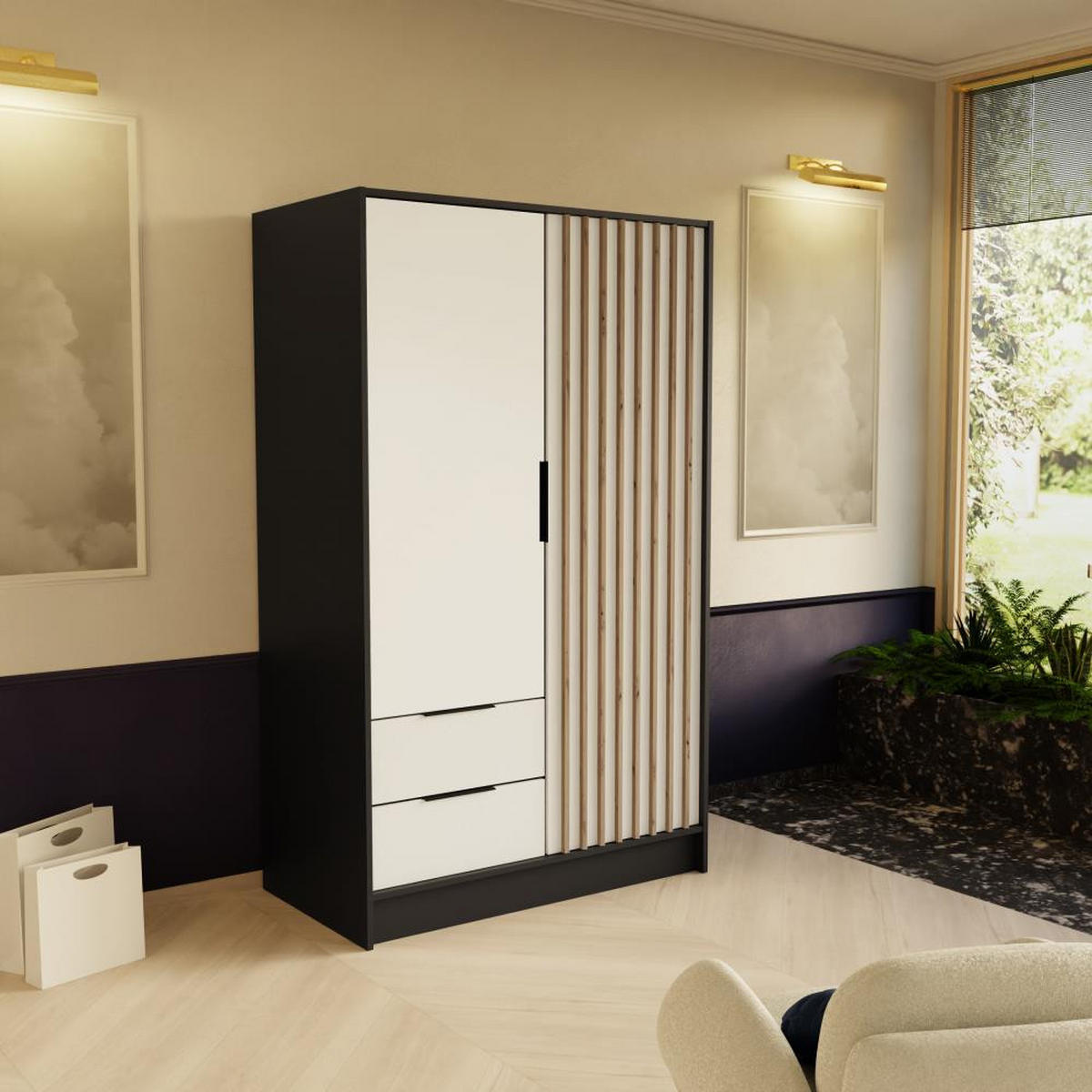 DREHTÜRENSCHRANK Nero 100/51/200 cm mit Lamellen schwarz+weiß - Schwarz/Weiß, Holzwerkstoff (100/200/51cm) - Beautysofa