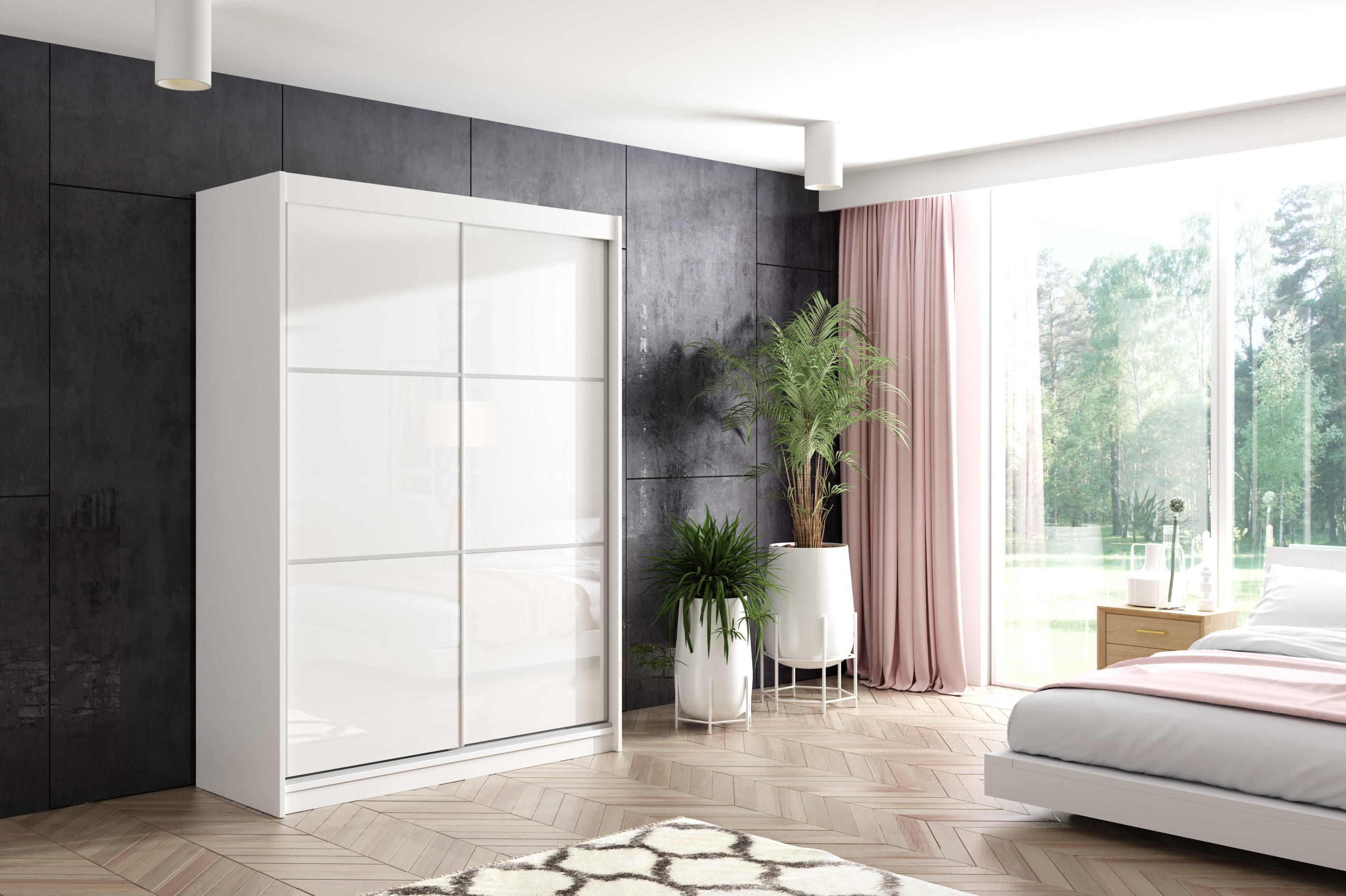 KLEIDERSCHRANK mit Lacobel-Schiebetüren und Aluminium-Leisten - VIVI - 160 cm Weiß - Weiß, Holzwerkstoff (160/216/61cm) - ALTDECOR