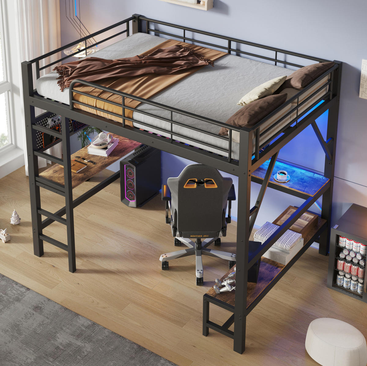 HOCHBETT aus Metall und MDF 160x200 cm Schwarz mit Schreibtisch, LED-Leiste und USB-Type-C-Anschluss - Schwarz, Metall (160/200cm) - Modfu