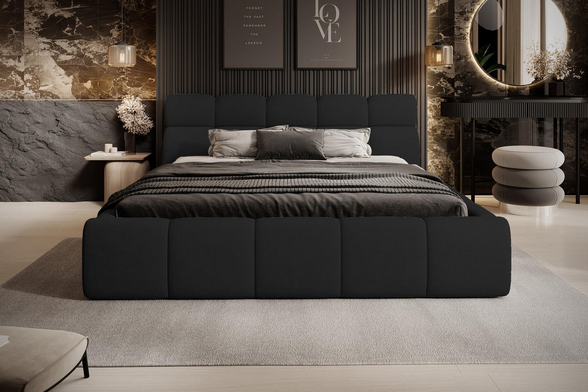POLSTERBETT GIULIA, komfortabel, mit Bettkasten, verstellbarem Kopfteil und LED, 140x200x96 cm, Farbe Schwarz - Schwarz, Holzwerkstoff/Kunststoff (140/200cm) - DomoHome