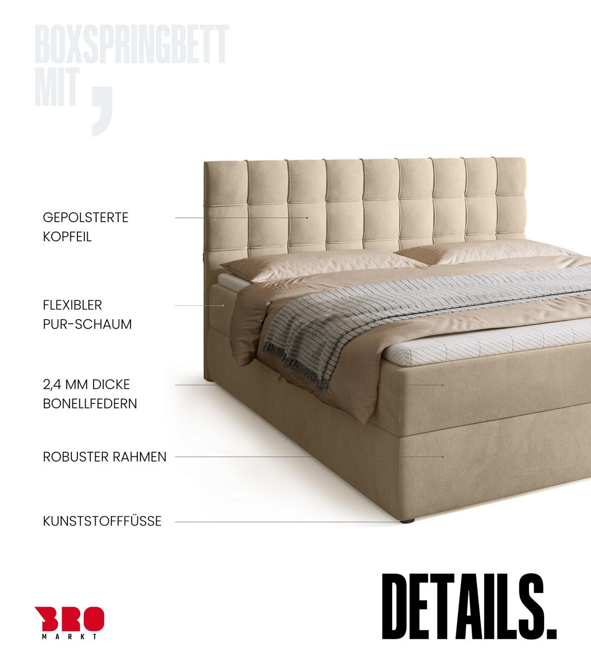 BOXBETT Detroit mit Topper 180/200 Beige - Beige, Holzwerkstoff/Textil (180/200cm) - Bromarkt