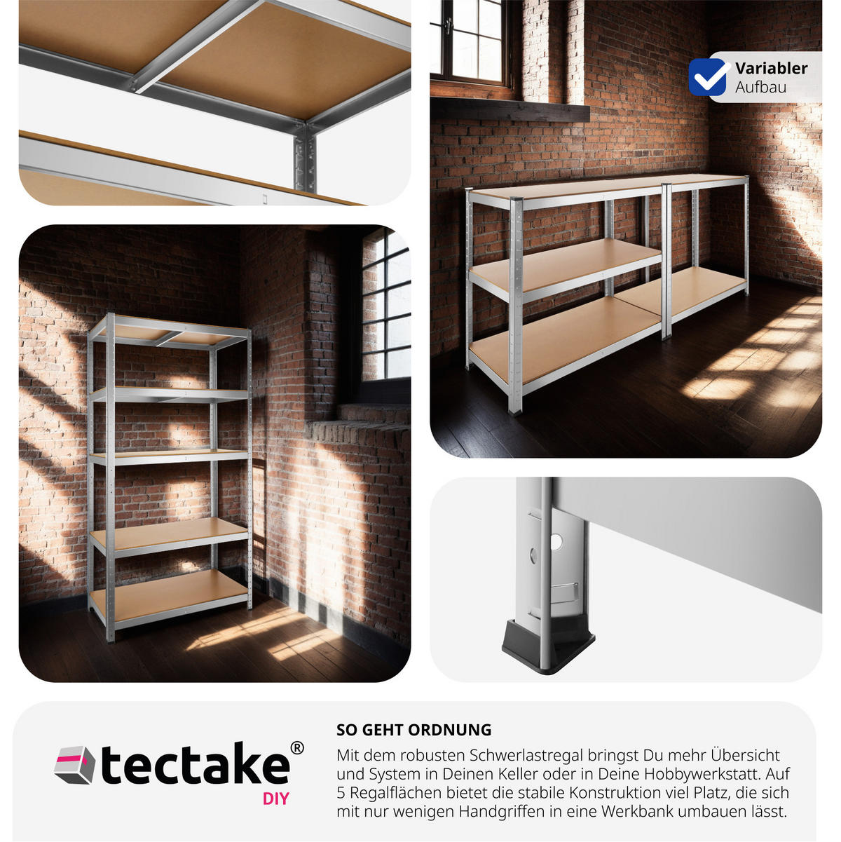 SCHWERLASTREGAL ,schnelle Montage,silber - Silberfarben, Metall (45/180/90cm) - tectake