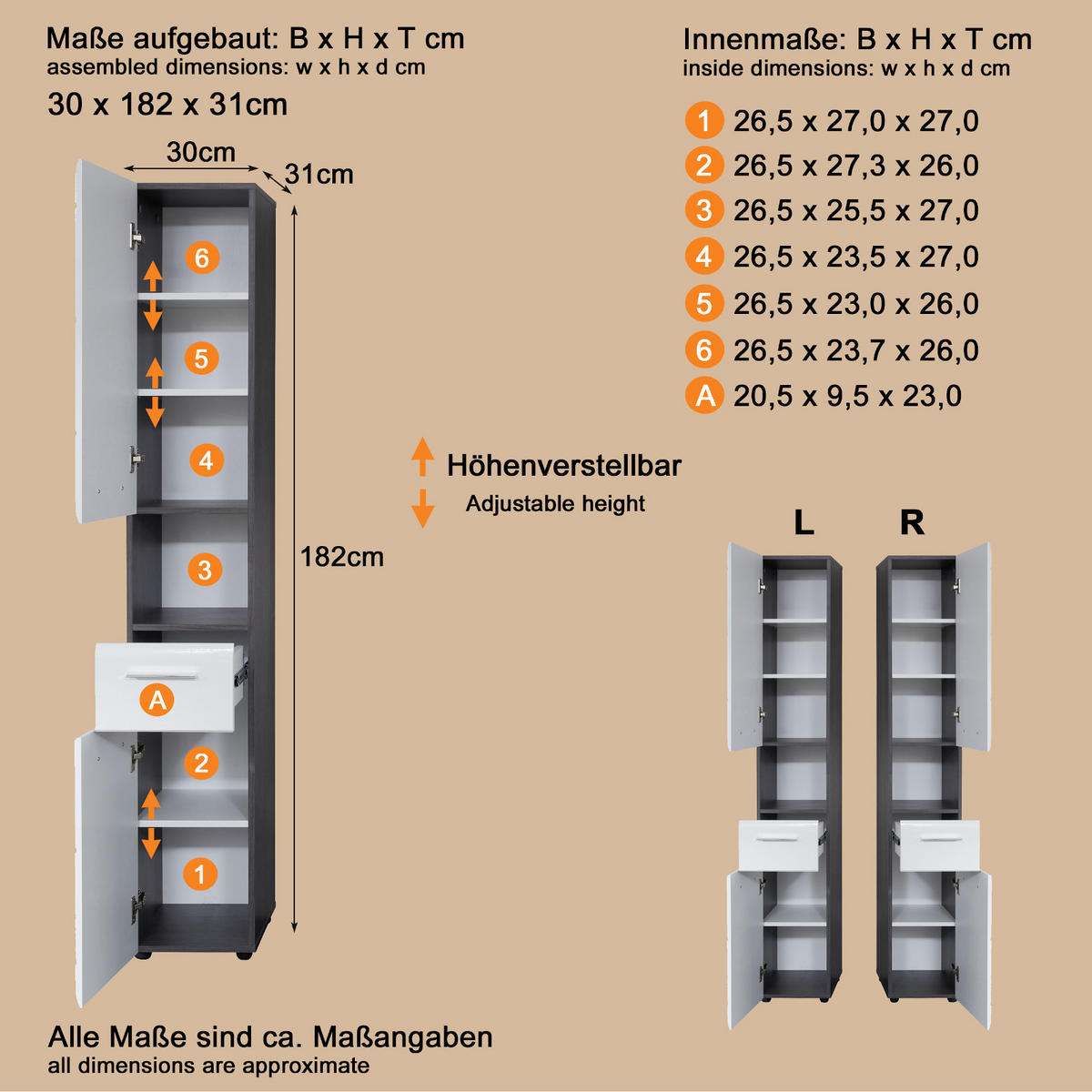 HOCHSCHRANK weiß Hochglanz, grau Rauchsilber 30 cm, Badschrank wechselbarer Türanschlag - Weiß Hochglanz/Silberfarben, Holzwerkstoff/Kunststoff (30/182/31cm) - Top.Furn