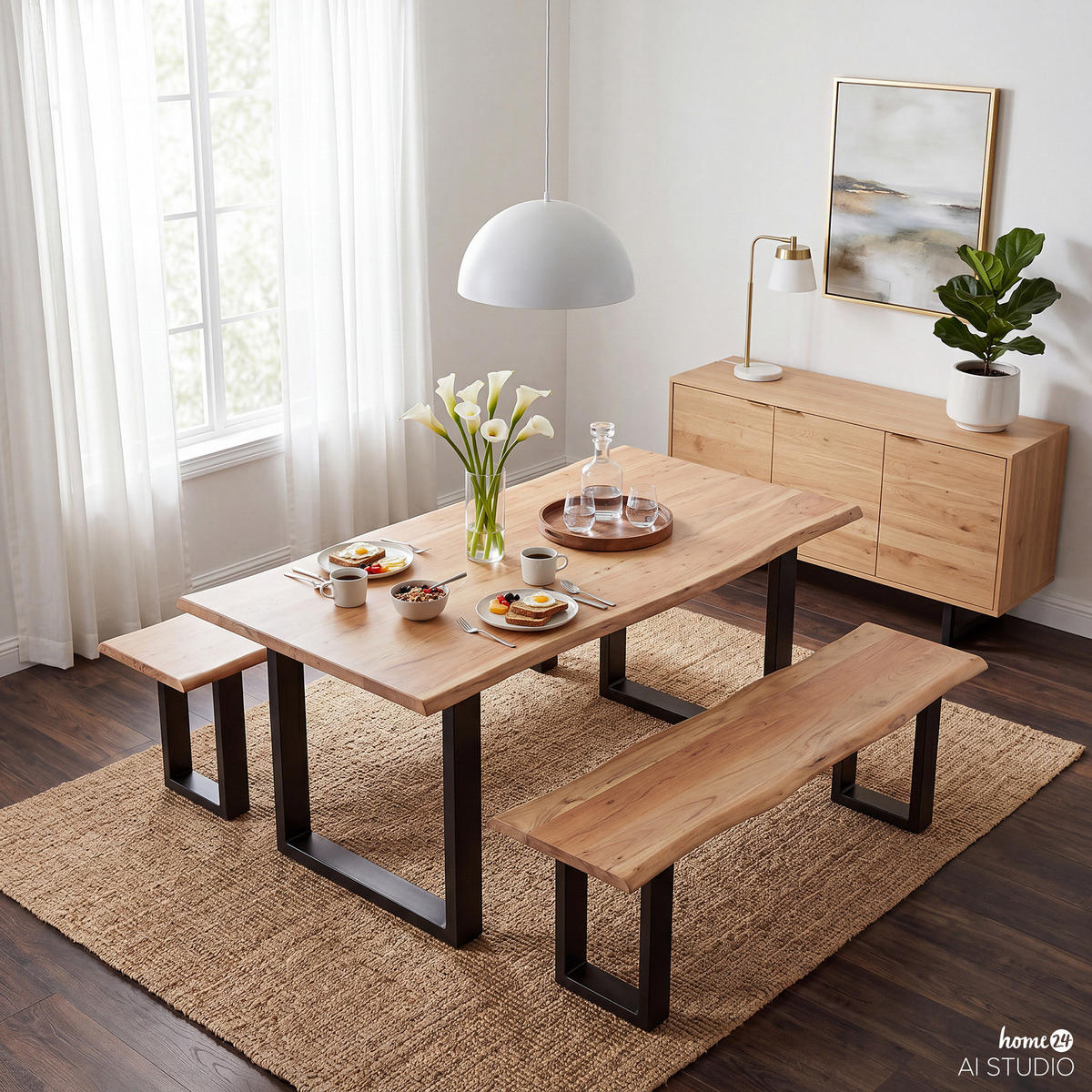 SITZBANK - Metall / Massivholz Akazie - Schwarz/Akaziefarben, Holz/Metall (180/45/45cm) - home24