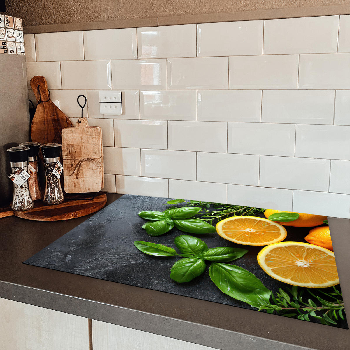 HERDABDECKPLATTE Obst - Grau - Konkret - Orange - Pflanzen Herdabdeckung Induktionsfeld 75x52 cm - Anthrazit, Kunststoff (75/52/0.2cm) - MuchoWow