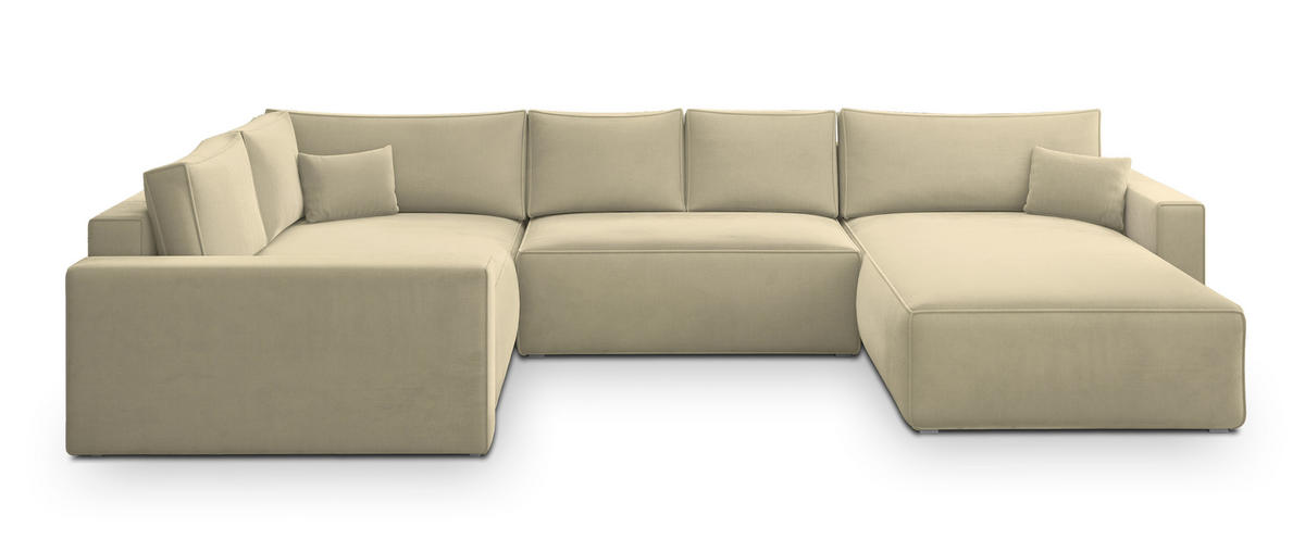 WOHNLANDSCHAFT VELAMI L-S Creme Velours-Stoff mit Schlaffunktion - Creme, Holz (365/83/194cm) - MASSENO