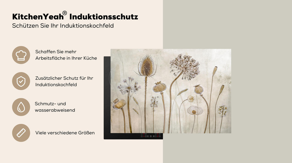 HERDABDECKPLATTE Blumen - Aquarell - Stilleben - Braun - Vintage 75x52 cm - Sandfarben, Kunststoff (75/0.2/52cm) - MuchoWow