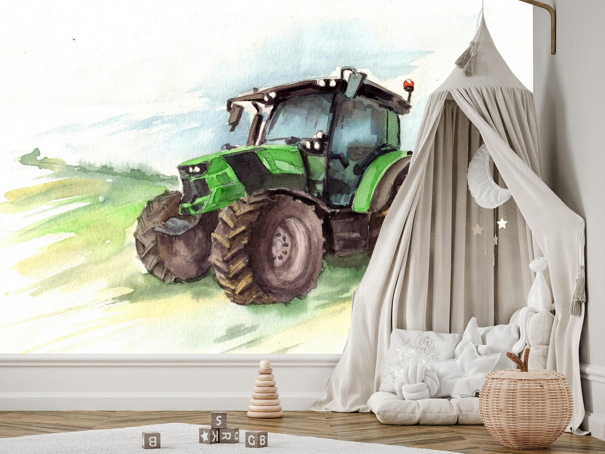 FOTOTAPETA Pre Detskú Izbu Akvarel Zelený Traktor Pole 350 x 256 cm - hnedá/čierna, papier (350/256cm) - Muralo