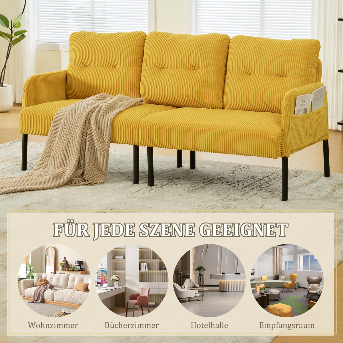 3-SITZER Sofa mit Seitentaschen, Metallgestell & Leinenstoff, 171cm, Gelb - Gelb/Schwarz, Textil/Metall (171/80/72cm) - LVHOM