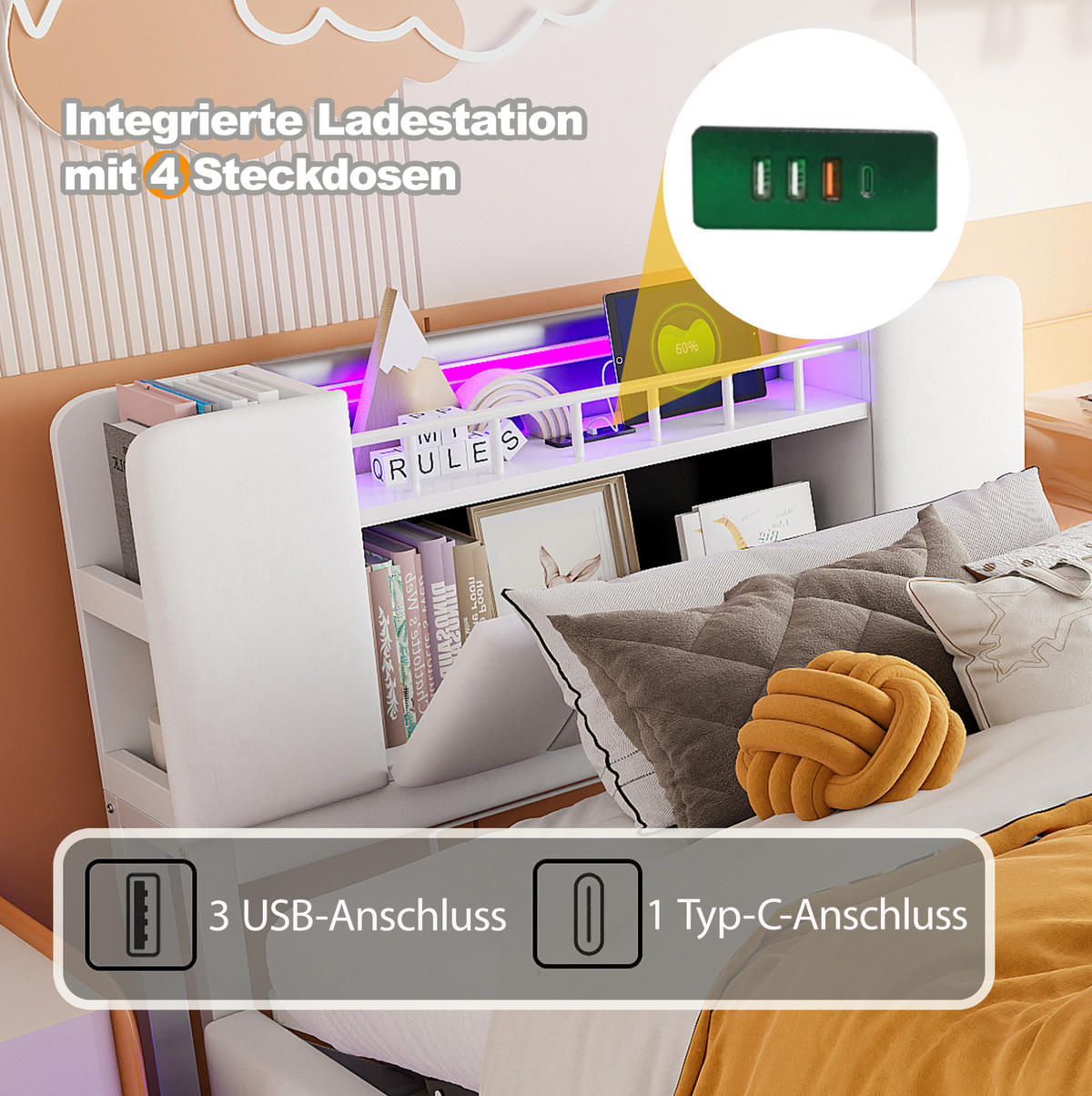 POLSTERBETT 90/200 cm mit LED-Beleuchtung, USB-Anschluss und Bettkasten - Beige, Textil (90/200cm) - BEAOK