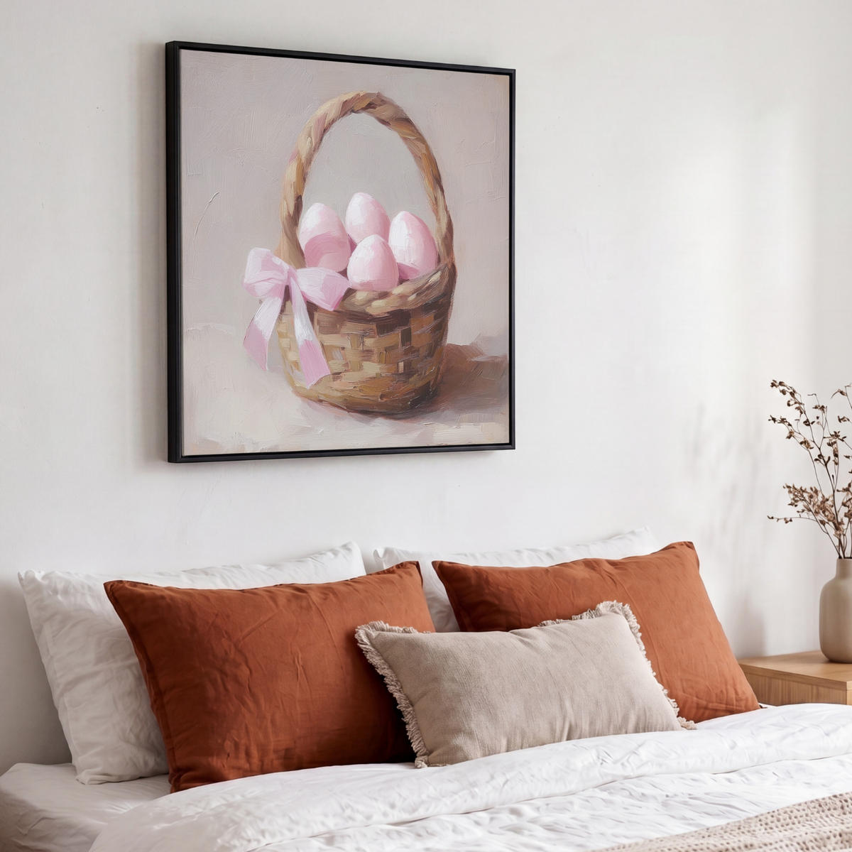 LEINWAND Bilder mit Rahmen - Korb - Eier - Rosa - 50x50 - Beige, Textil (50/50cm) - MuchoWow