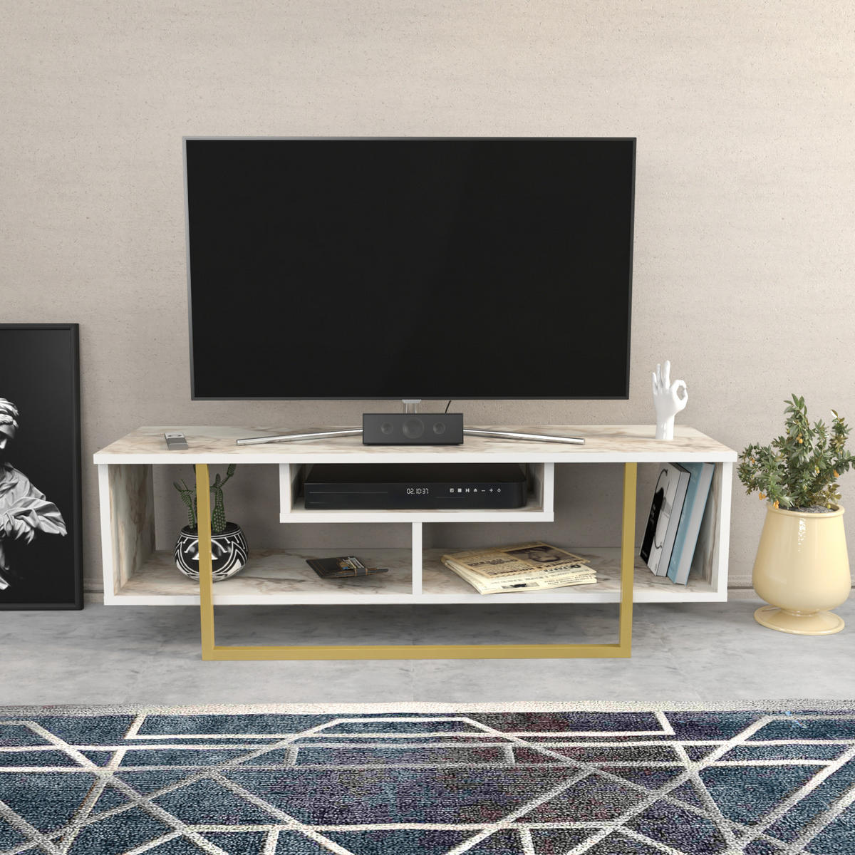 TV-ELEMENT Asal Weiss Marmor Gold - Goldfarben/Creme, Holzwerkstoff (119.4/40/35.2cm) - Decorotika