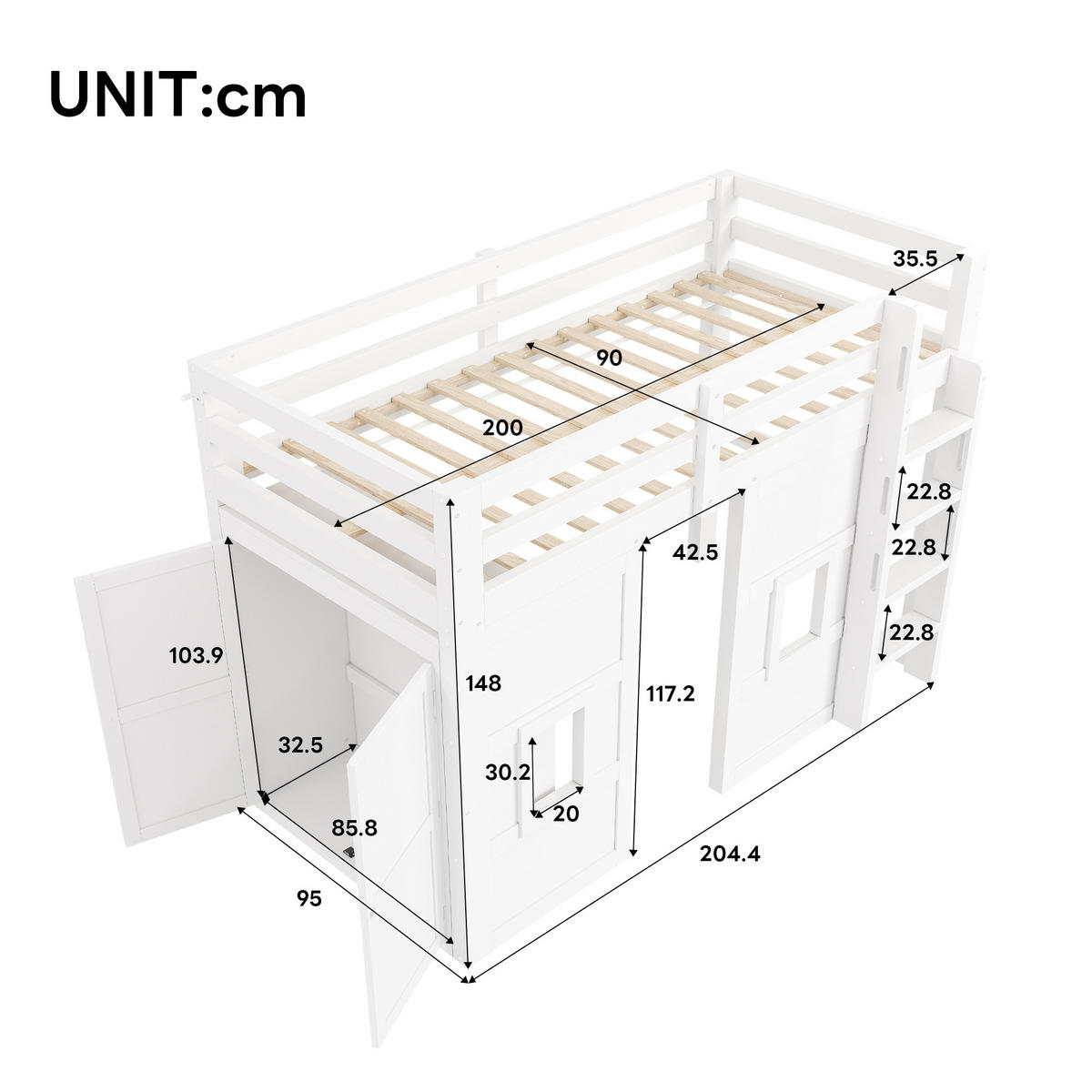 HOCHBETT 90/200 cm in Weiß mit Kleiderschrank, LED und 2 Fenstern - Weiß, Holzwerkstoff (90/200cm) - STILVORA