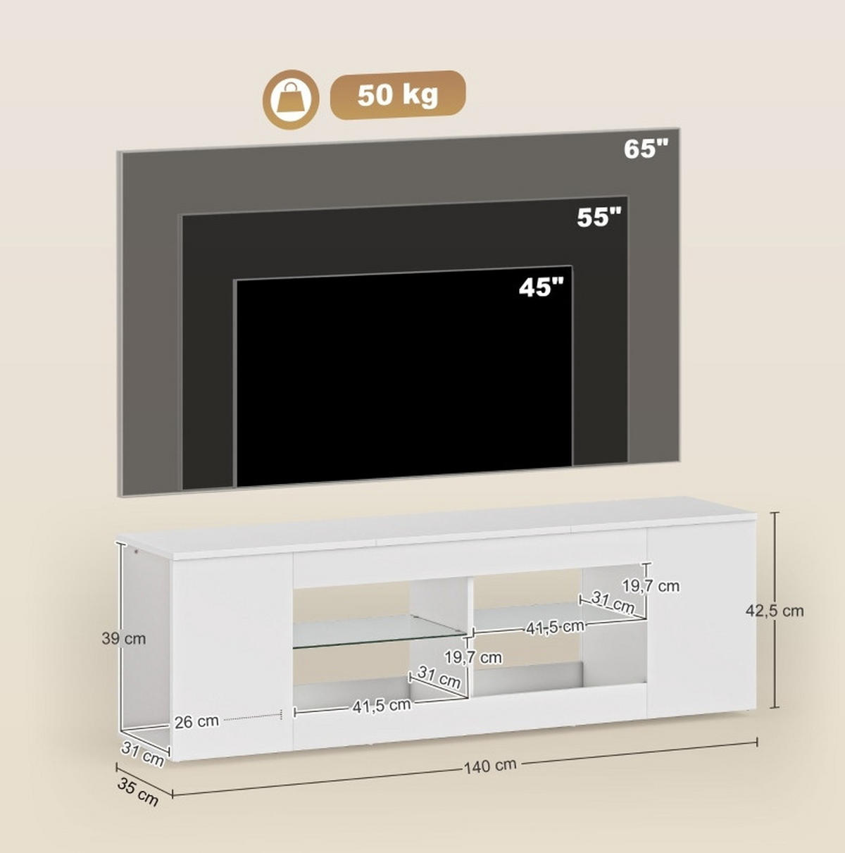TV-LOWBOARD aus Spanplatte und Glas 140x35x42 cm Weiß mit 6 Fächern - Weiß, Glas (140/42.5/35cm) - IVMEU