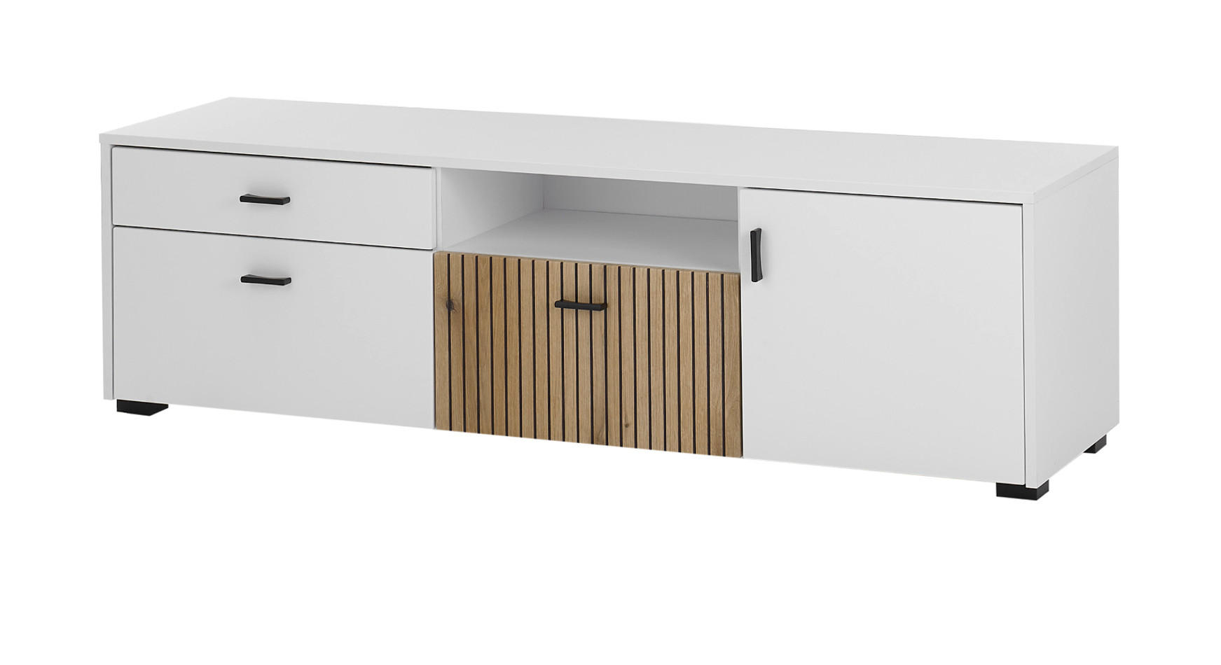 TV-LOWBOARD weiß matt, Eiche 150 x 44 cm, TV Unterteil mit viel Stauraum und Soft-Close - Eichefarben/Schwarz, Holzwerkstoff/Kunststoff (150/44/42cm) - Furn.Design