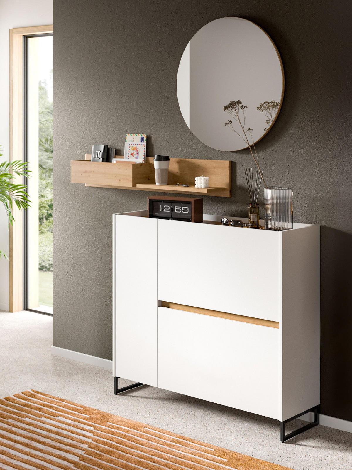 GARDEROBE-SET weiß und Artisan Eiche, Garderobe 3-teilig, 140 x 197 cm, Soft-Close, Borga - Schwarz/Weiß, Holzwerkstoff/Metall (140/197/32cm) - Inn.Furn