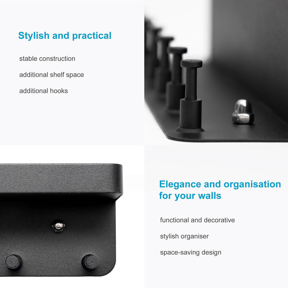 SCHLÜSSELBRETT mit Ablage Selbstklebend 24.5/6 cm - Schwarz, Kunststoff (6/4.7/24.5cm) - Intirilife