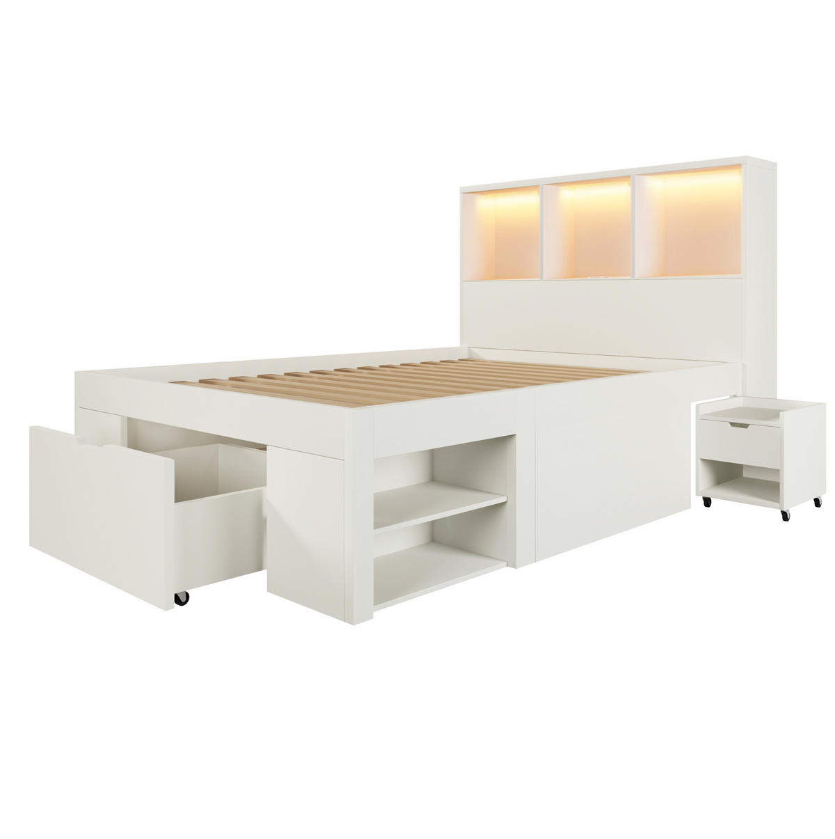 BETT mit Kopfteil 90/200 cm in Weiß – inkl. Lattenrost, Bettkasten und Nachttisch - Weiß, Holzwerkstoff (90/200cm) - BEAOK