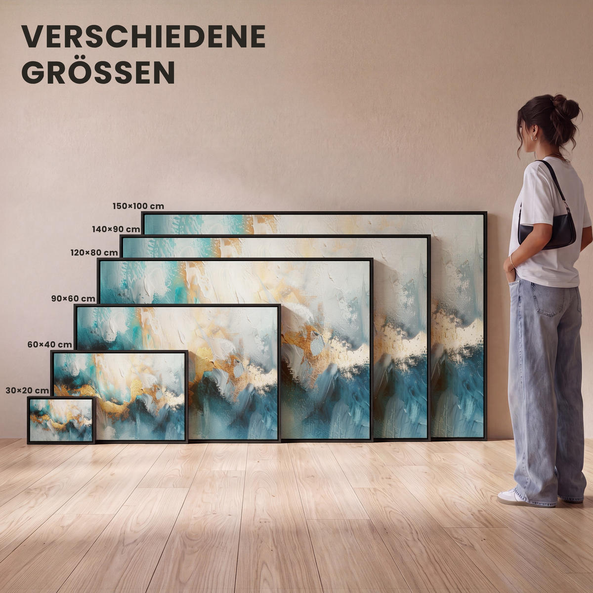 LEINWAND Bilder mit Rahmen - Abstrakt - Kunst - Gold - Blau - 150x100 - Petrol, Textil (150/100cm) - MuchoWow