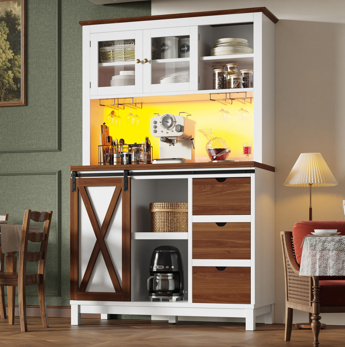 BUFFET 104/40/180 cm Weiß aus MDF, Glas und Metall mit LED - Weiß, Glas (104/180/40cm) - OKWISH