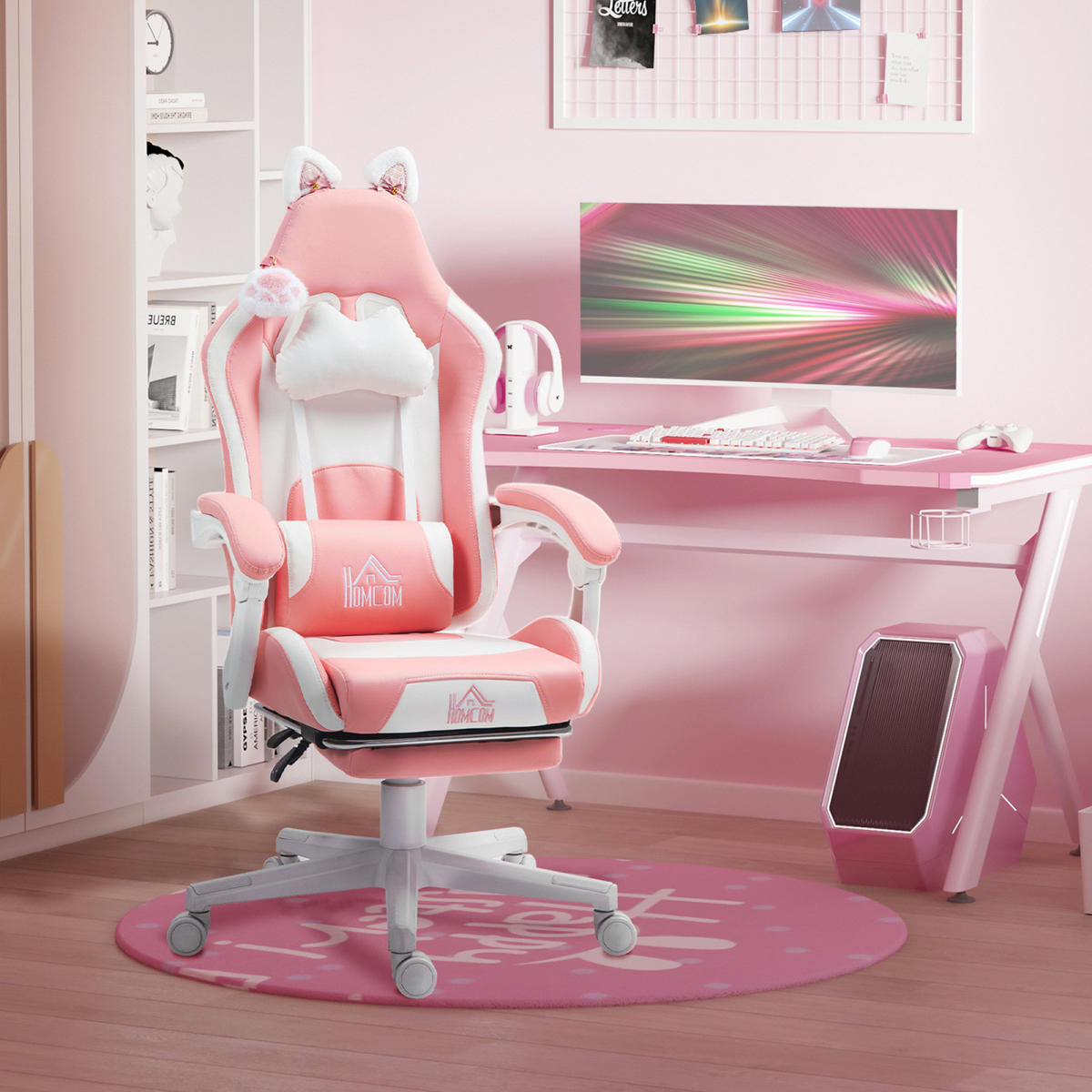 GAMING Stuhl mit Katzenohren, Lendenwirbelstütze, Fußstütze, Kopfkissen, höhenverstellbar, Liegefunktion Rosa-Weiß - Rosa, Leder (62/116/65cm) - BRILVERDE