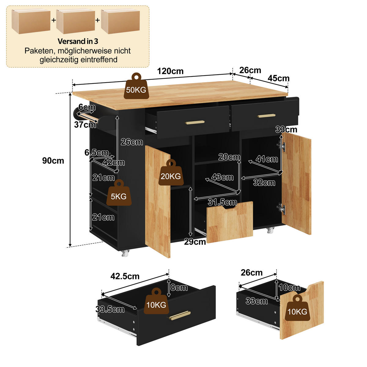 KÜCHENINSEL DE-41417 120/45-71/90 cm, klappbare Arbeitsplatte, Gewürzregal Schwarz - Schwarz, Holzwerkstoff (120/90/71cm) - ComfortXL