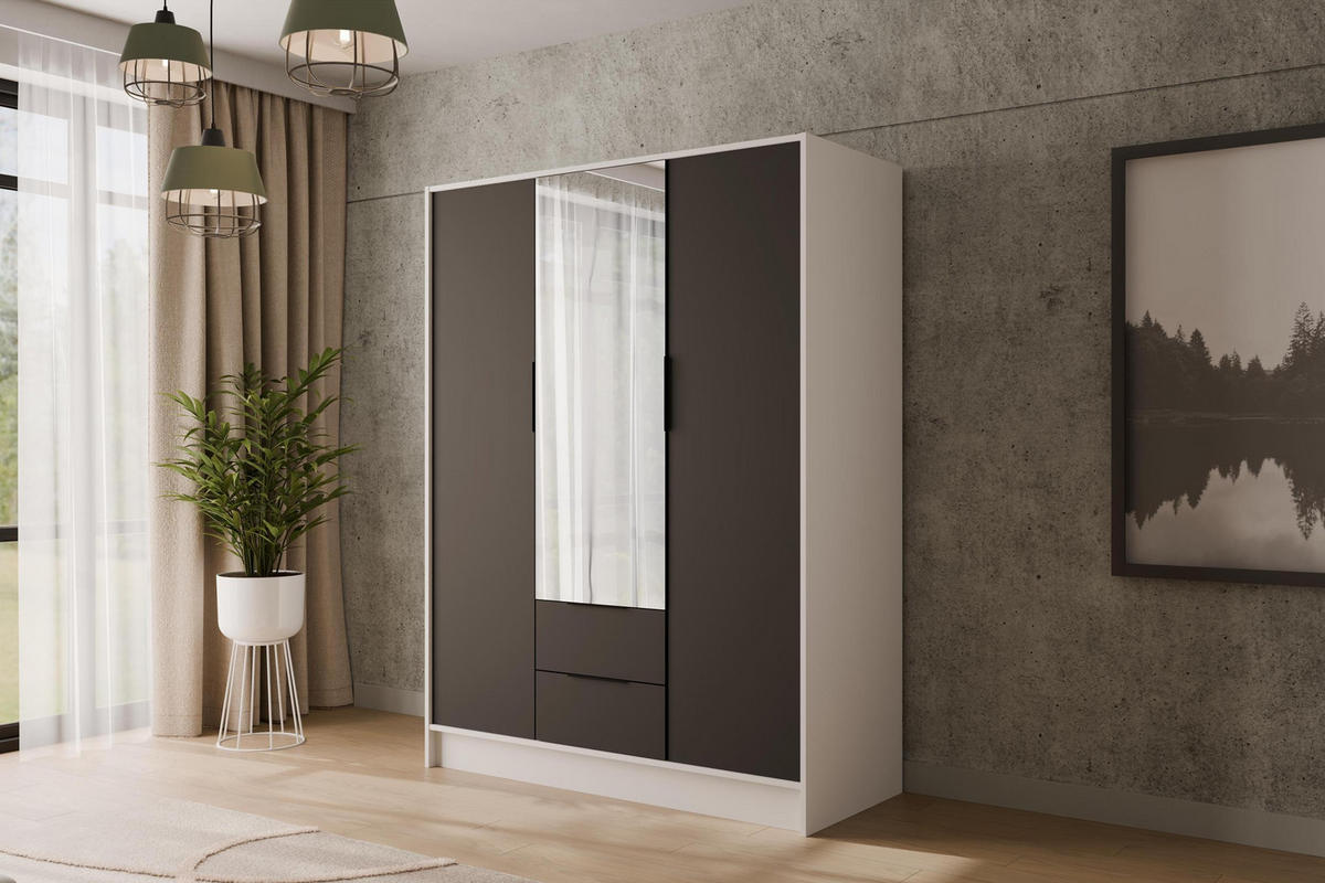 KLEIDERSCHRANK mit Spiegel und Flügeltüren KOLIN 150x200cm Weiß / Schwarz - Schwarz/Weiß, Holzwerkstoff (150/200/51cm) - ALTDECOR