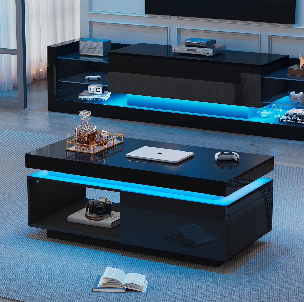 TV-ELEMENT Schwarz mit LED-Beleuchtung, TV-Lowboard 181/38/38 cm & Couchtisch - Schwarz, Holzwerkstoff (181/38/38cm) - Flora Grace