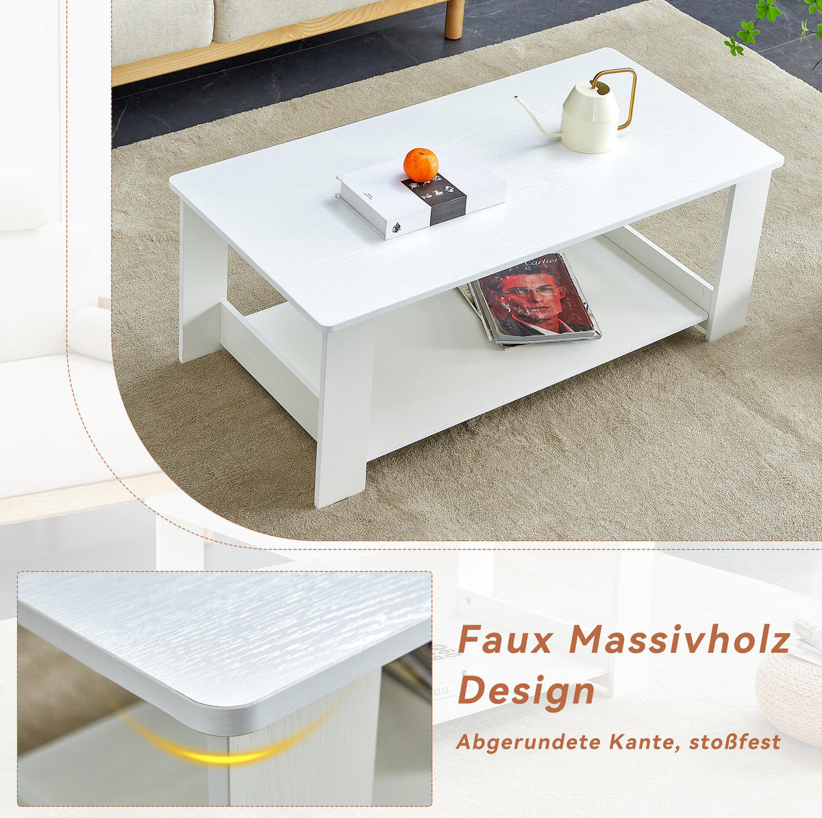 COUCHTISCH 110/55/42 cm Weiß mit Ablage aus MDF in Holzoptik - Weiß, Holzwerkstoff (110/55/42cm) - OKWISH