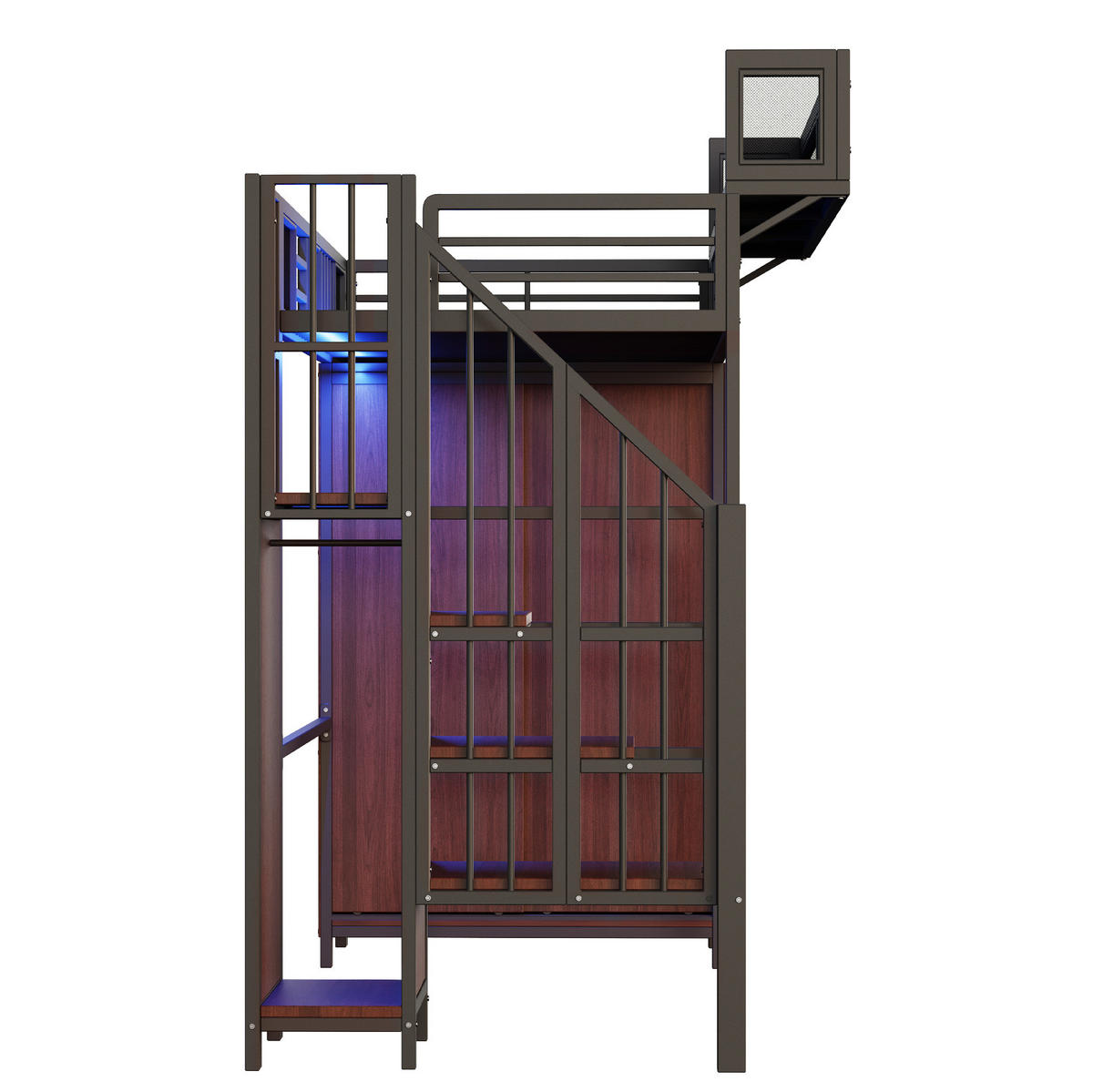 HOCHBETT 90/200 cm Schwarz mit Kleiderschrank, Stauraumleiter und LED-Beleuchtung - Schwarz, Metall (90/200cm) - Flora Grace