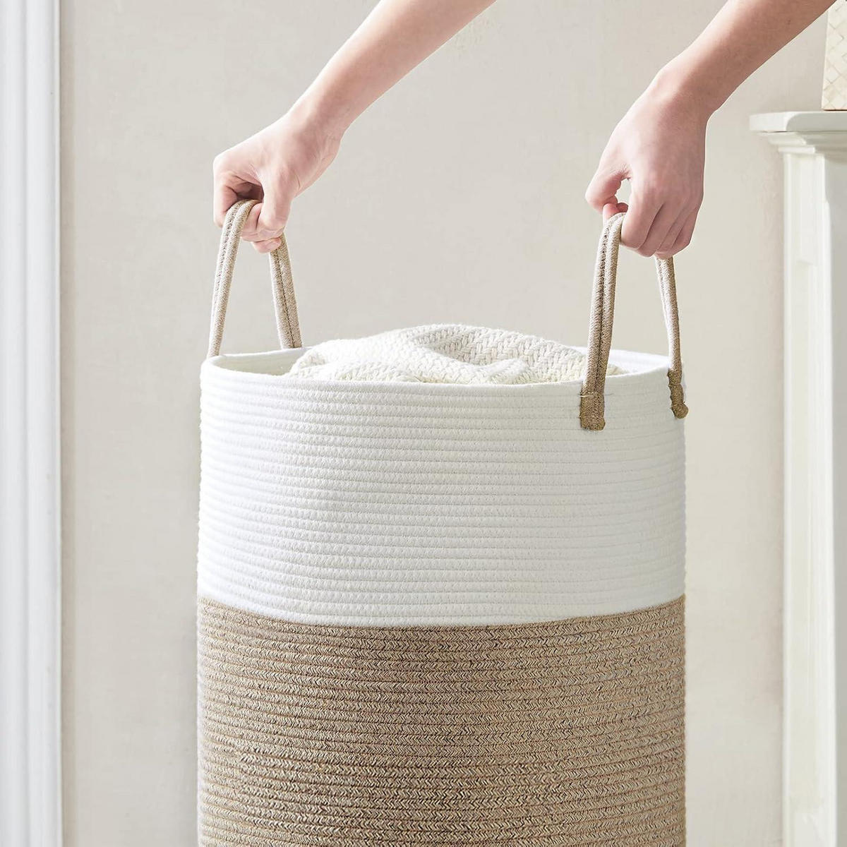 WÄSCHEKORB geflochten Baumwolle Weiß & Braun 38 cm(D)x50 cm(H) - Multicolor, Textil (38/50/38cm)