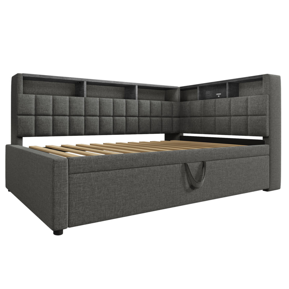 AUSZIEHBETT 90/200 cm DE-00770, in Grau, LED und L-Kopfteil - Grau, Holz (90/200cm) - ComfortXL