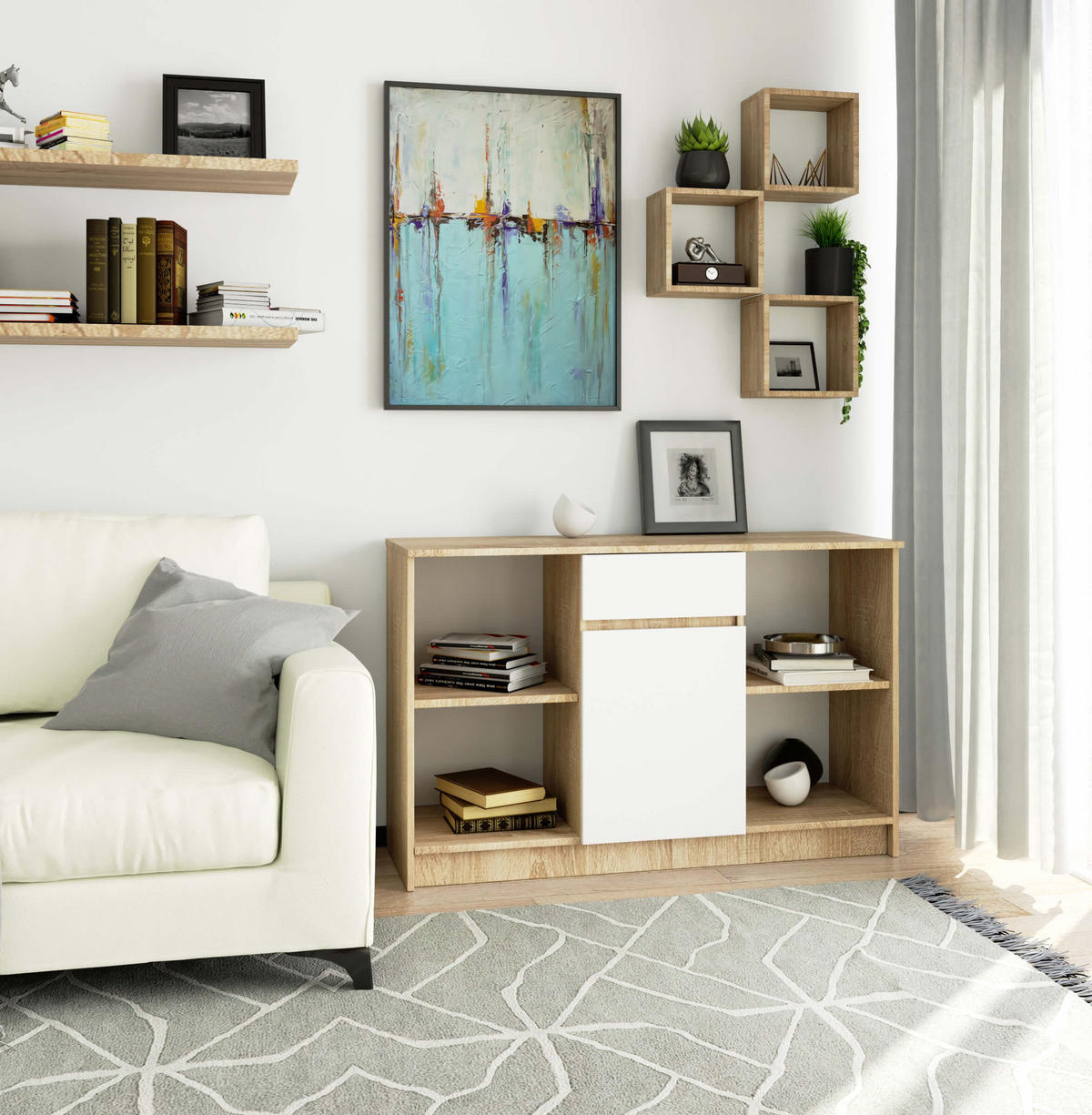 KOMMODE Eiche Sonoma, Weiß 77/120/40 - Weiß, Holzwerkstoff (120/77/40cm) - RAUMHIRSCH FURNITURE