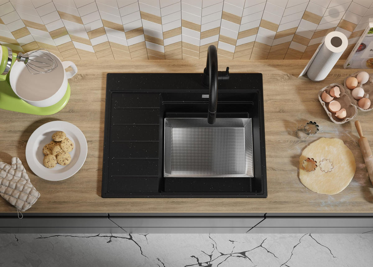 SPÜLBECKEN Sydney, 2-er set Schwarz Metallic 62/50 cm 1 Becken + Ablauf-Set + Küchenzubehörset ab 45er Unterschrank - Chromfarben/Schwarz Hochglanz, Kunststoff (62/20/50cm) - Primagran